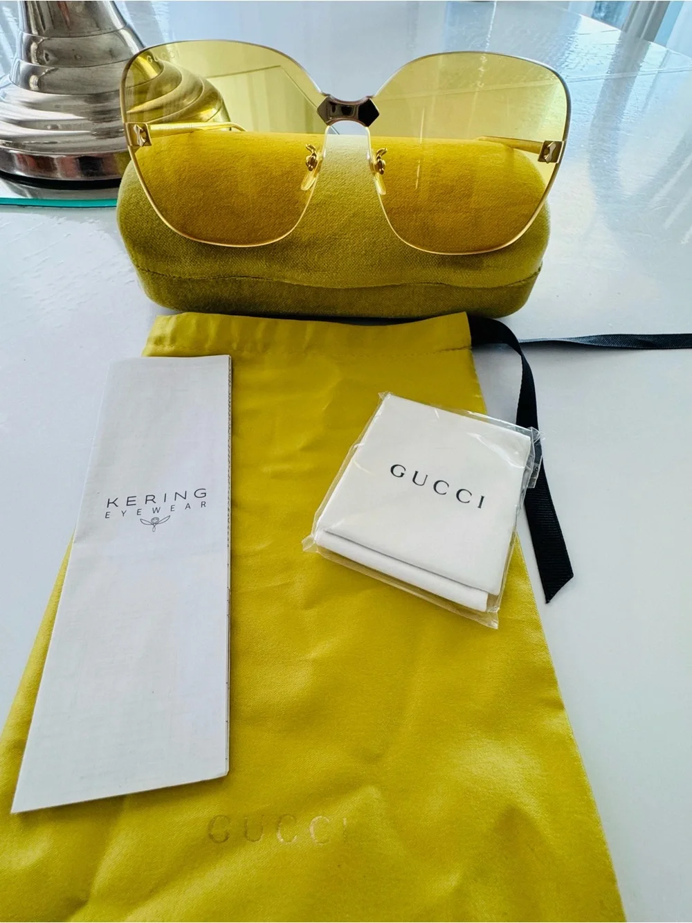 Authentic Gucci GG0355S 005 Gold Rimless Yellow Lens Sunglasses Complete Set Jap